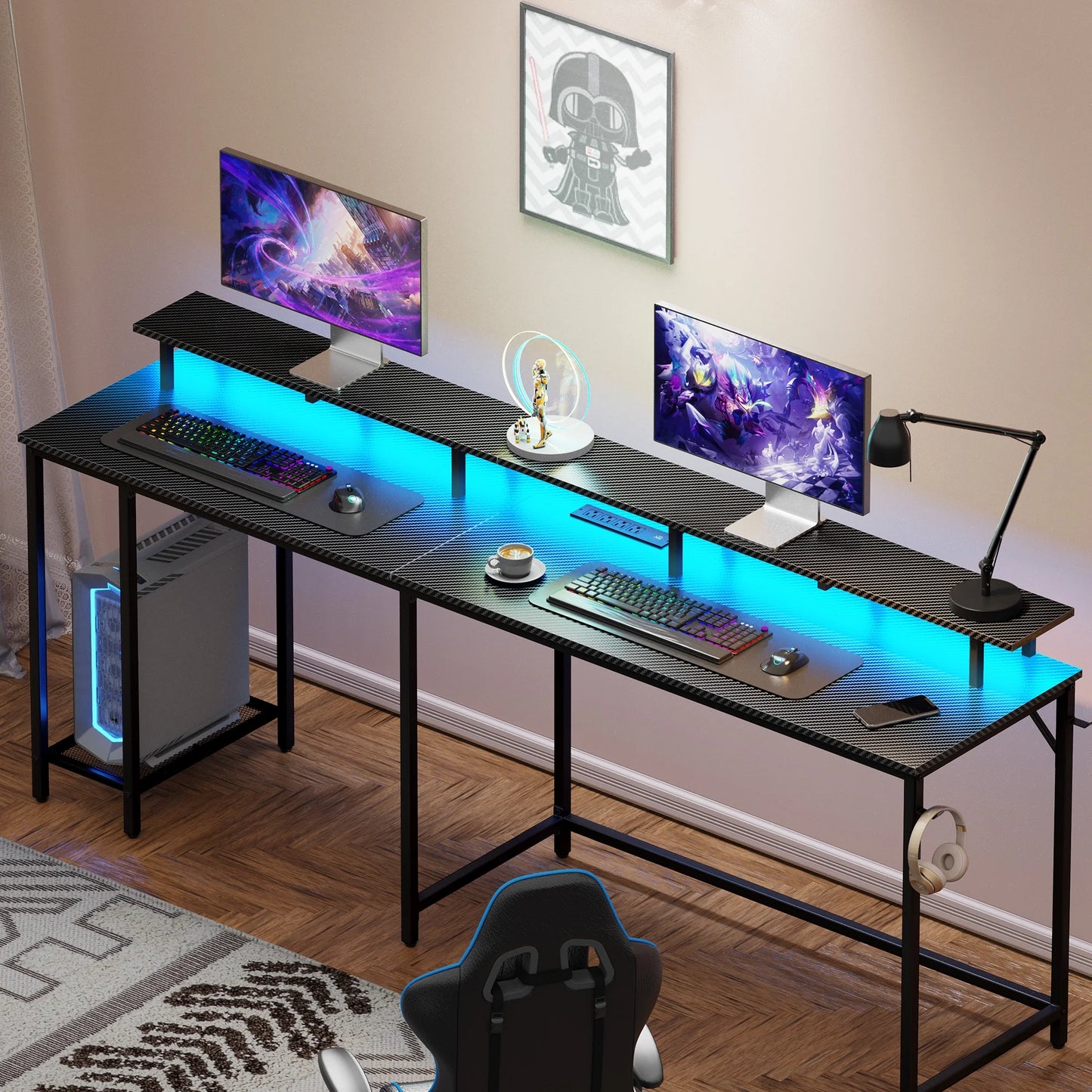 L Shaped Desk with Outlets & USB Ports, Gaming Desk with LED Light Strip, Corner Computer Desk, L Office Desk, Monitor Stand, Hooks, and Storage Shelves, Carbon Fiber Black