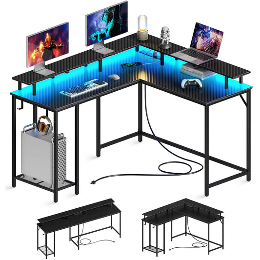 L Shaped Desk with Outlets & USB Ports, Gaming Desk with LED Light Strip, Corner Computer Desk, L Office Desk, Monitor Stand, Hooks, and Storage Shelves, Carbon Fiber Black